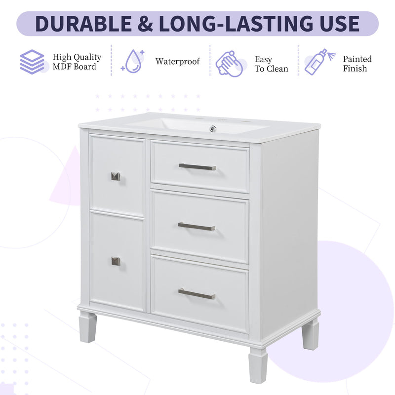 Bathroom Vanity With Ceramic Sink, Flip Out Drawer Design For Plumbing, Soft Close Drawers