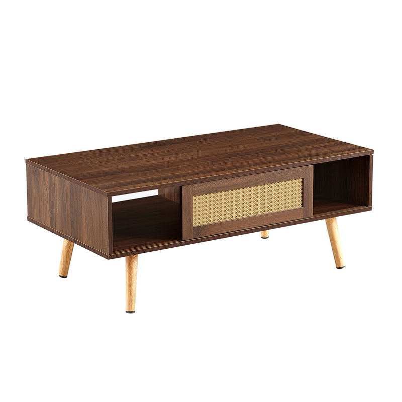 41.34" Rattan Coffee Table, Sliding Door For Storage, Solid Wood Legs, Modern Table For Living Room