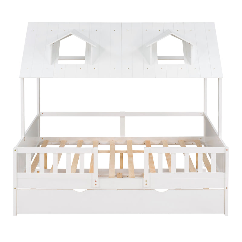 Full Size House Bed Wood Bed with  Twin Size Trundle ( White )