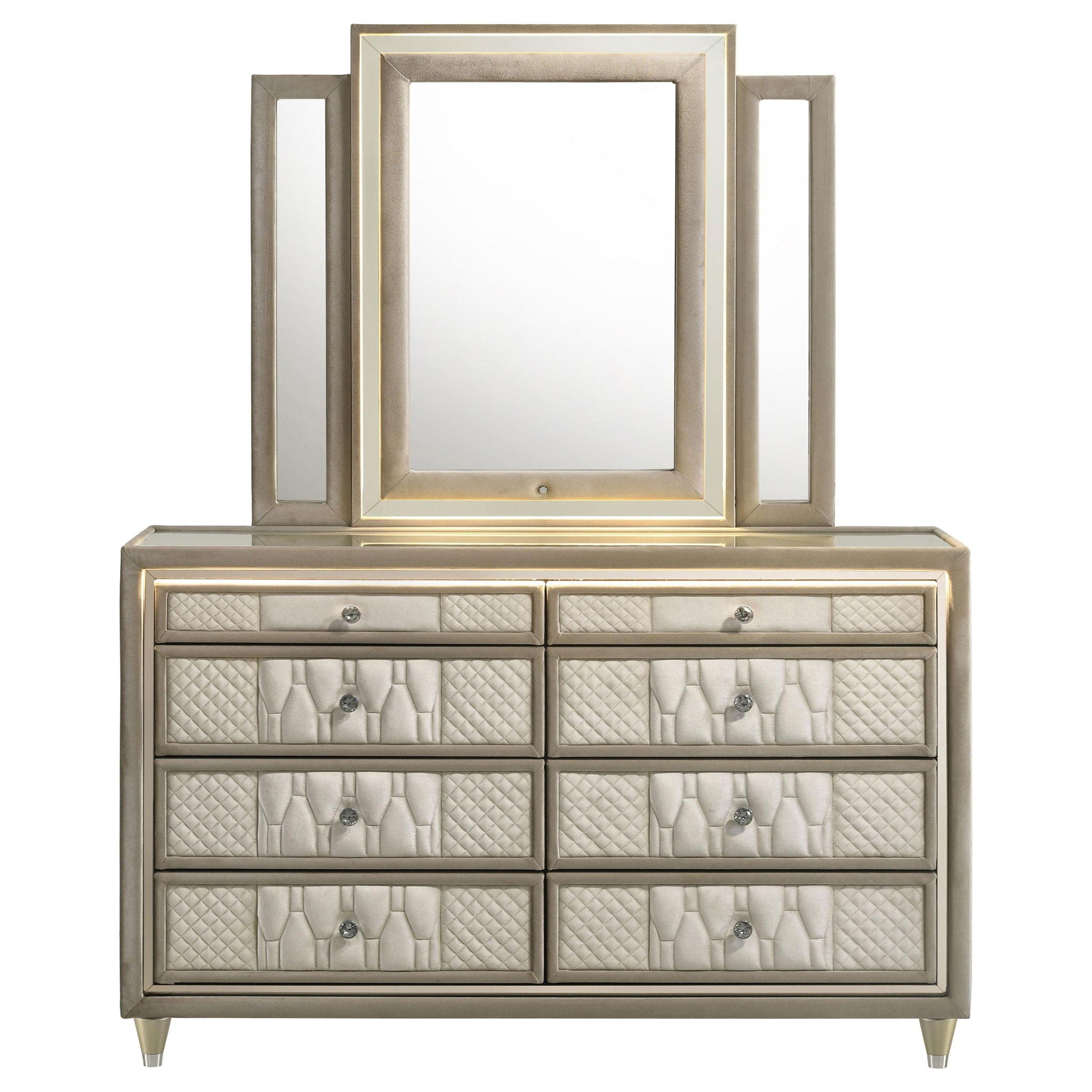 Lorient 8-drawer LED Dresser with Mirror Ivory and Camel