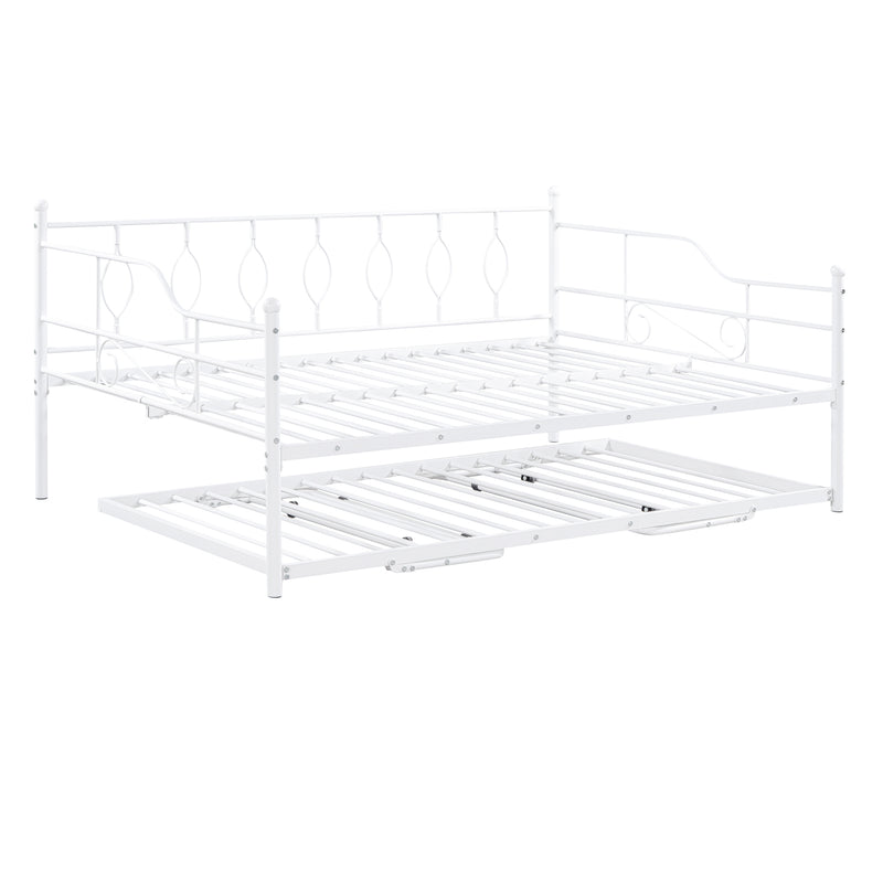 Full Size Metal Daybed with Twin Size Adjustable Trundle, Portable Folding Trundle, White(OLC SKU:MF293730AAK)