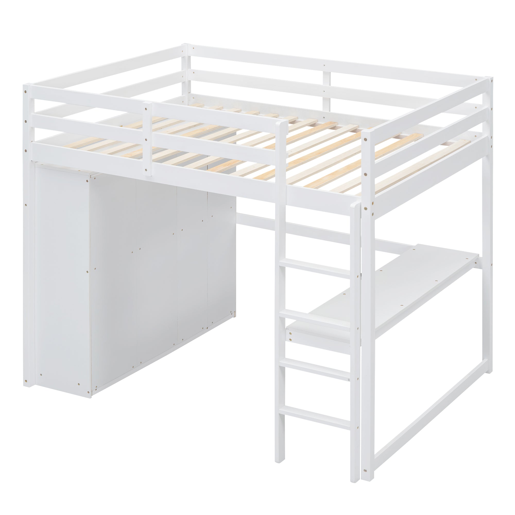 Wood Full Size Loft Bed with Built-in Wardrobe, Desk, Storage Shelves and Drawers, White - Atlantic Fine Furniture Melbourne FL