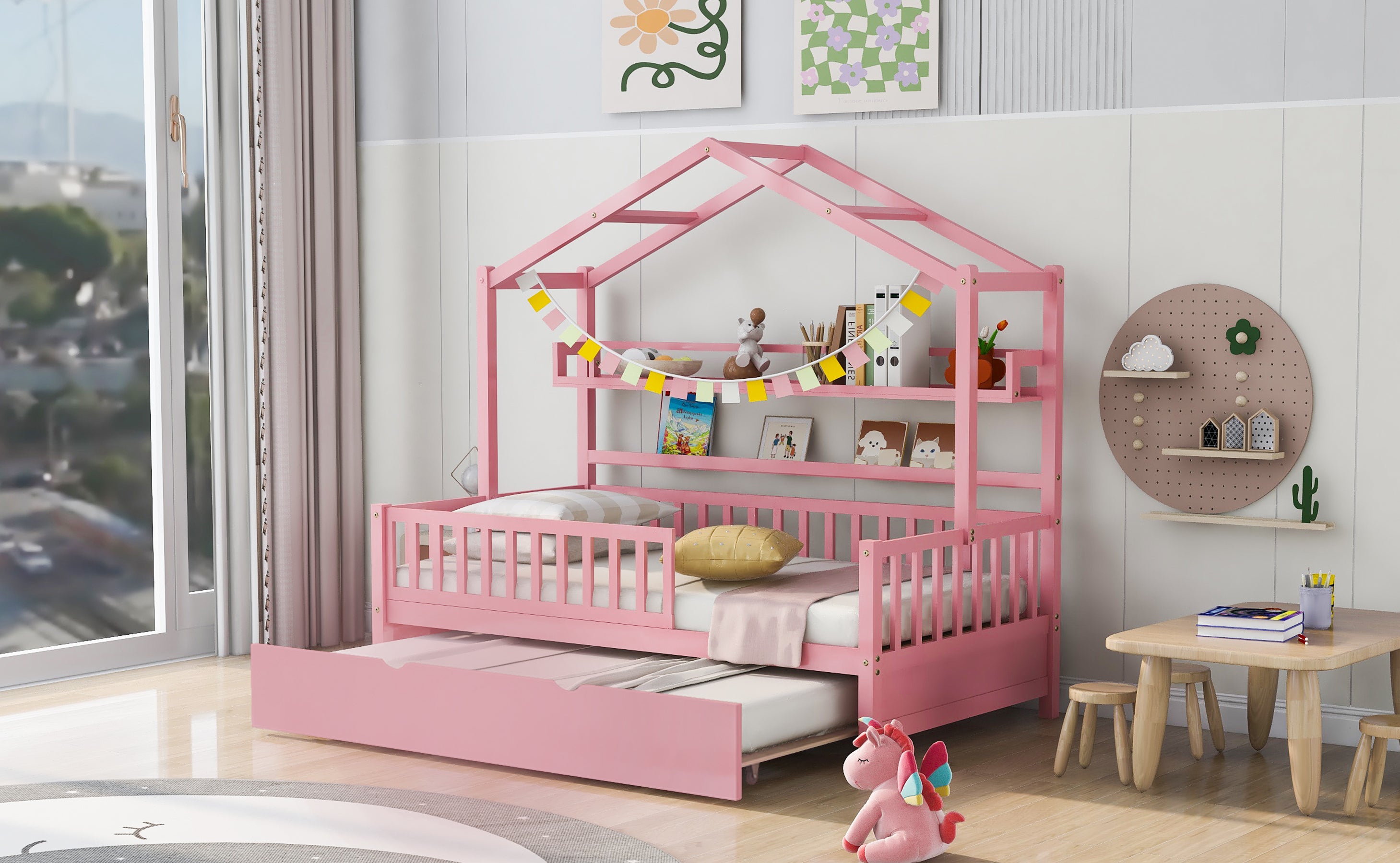 Wooden Twin Size House Bed with Trundle,Kids Bed with Shelf, Pink - Atlantic Fine Furniture Melbourne FL