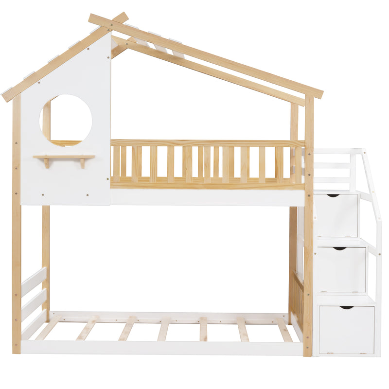 Stairway Twin-Over-Twin Bunk Bed,House Bed,Storage and Guard Rail,Natural Bed +White Stair(OLD SKU :LT000308AAK)