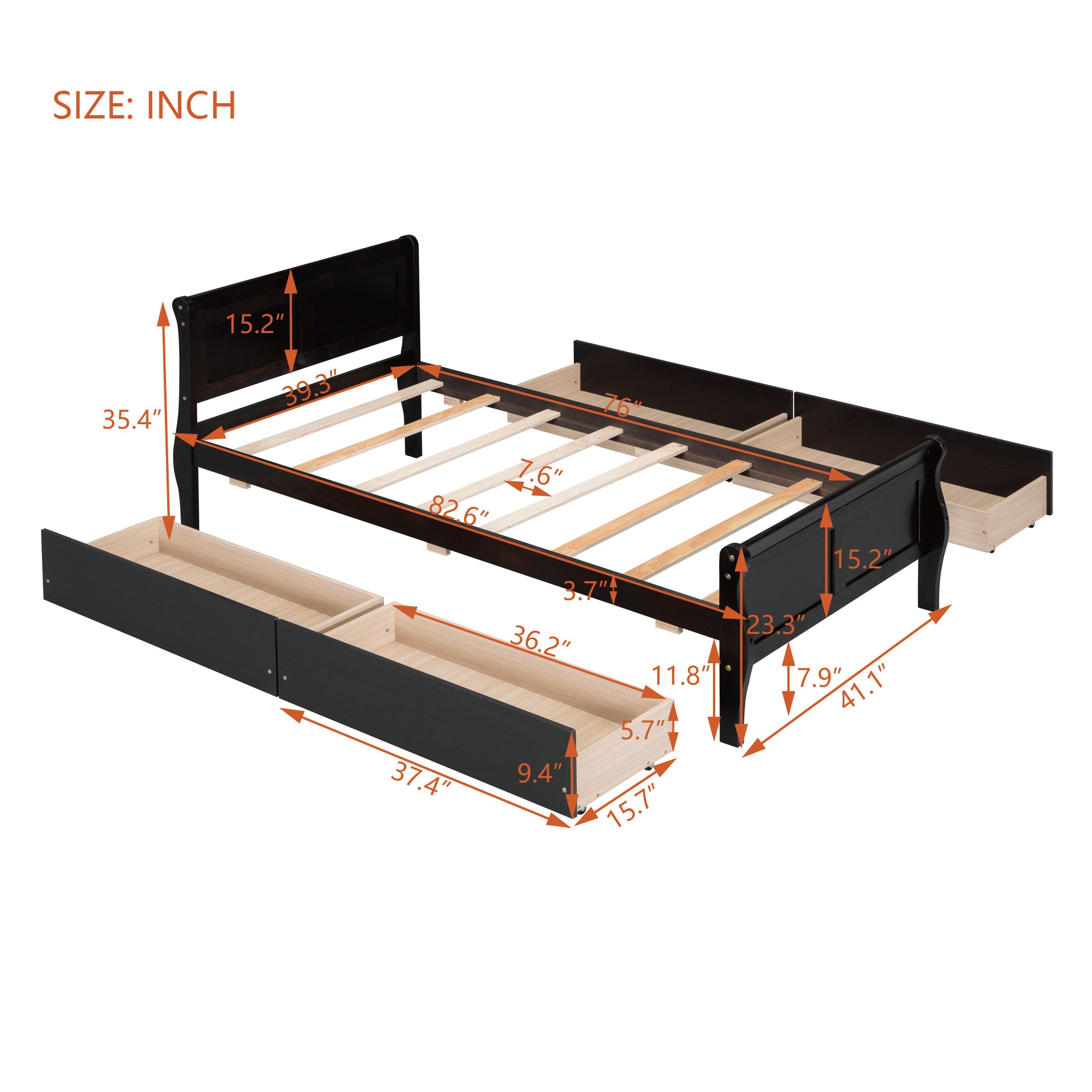 Twin Size Wood Platform Bed with 4 Drawers and Streamlined Headboard & Footboard, Espresso - Atlantic Fine Furniture Melbourne FL