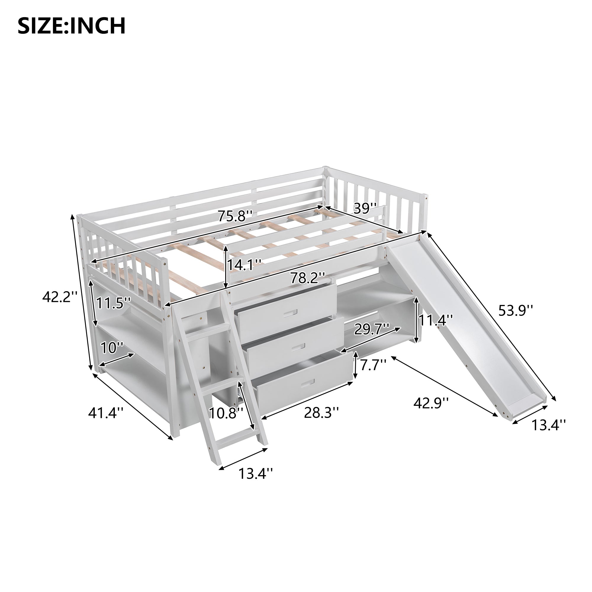 Low Loft Bed with Attached Bookcases and Separate 3-tier Drawers,Convertible Ladder and Slide,Twin,White - Atlantic Fine Furniture Melbourne FL