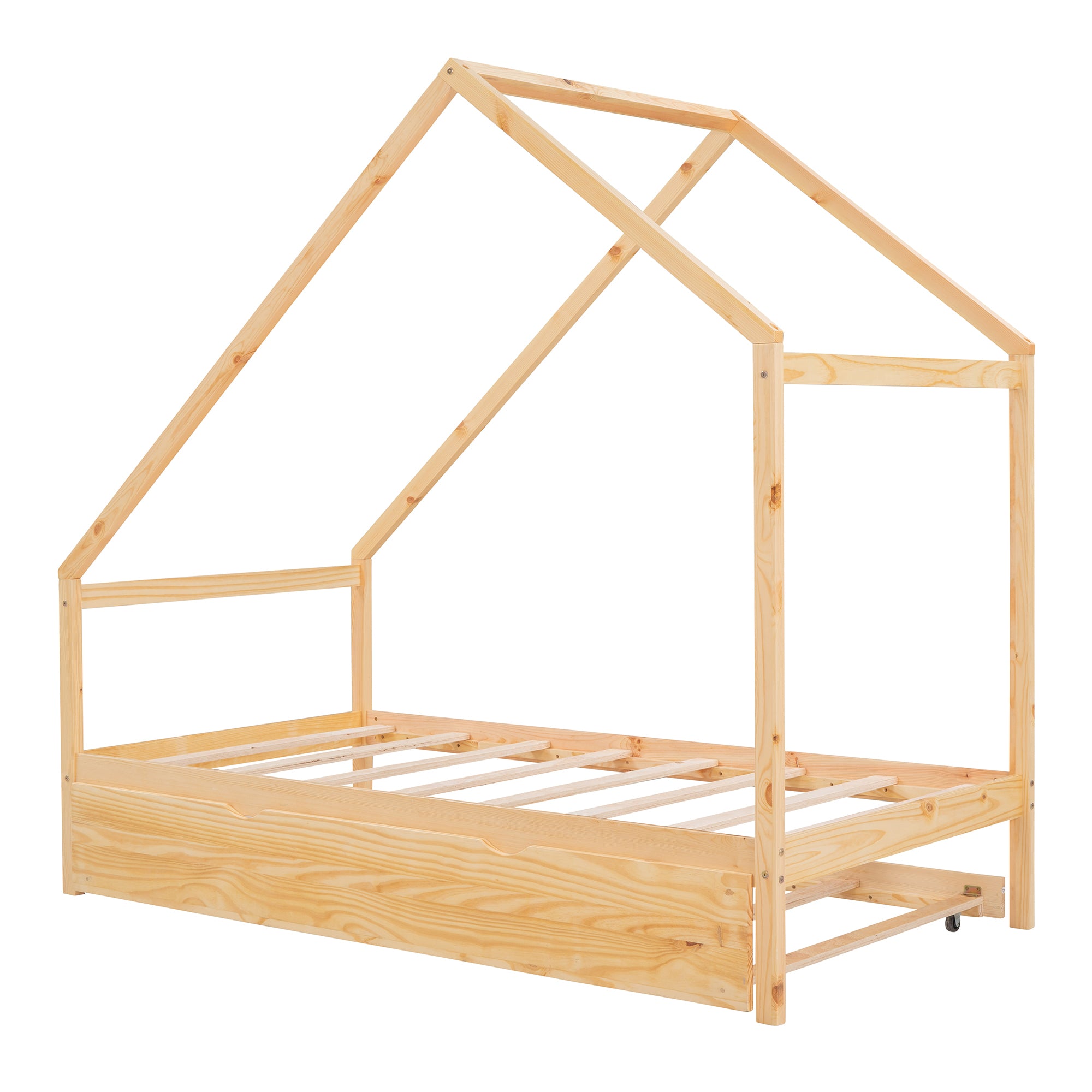 Twin Size Wooden House Bed With Twin Size Trundle, Natural - Atlantic Fine Furniture Melbourne FL