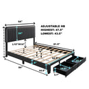 QUEEN SIZE UPHOLSTERED BED WITH ADJUSTABLE HEIGHT / MATTRESS 10 TO 14 INCHES / LED DESIGN WITH FOOTBOARD DRAWERS STORAGE / NO BOX SPRING REQUIRED DARK GRAY