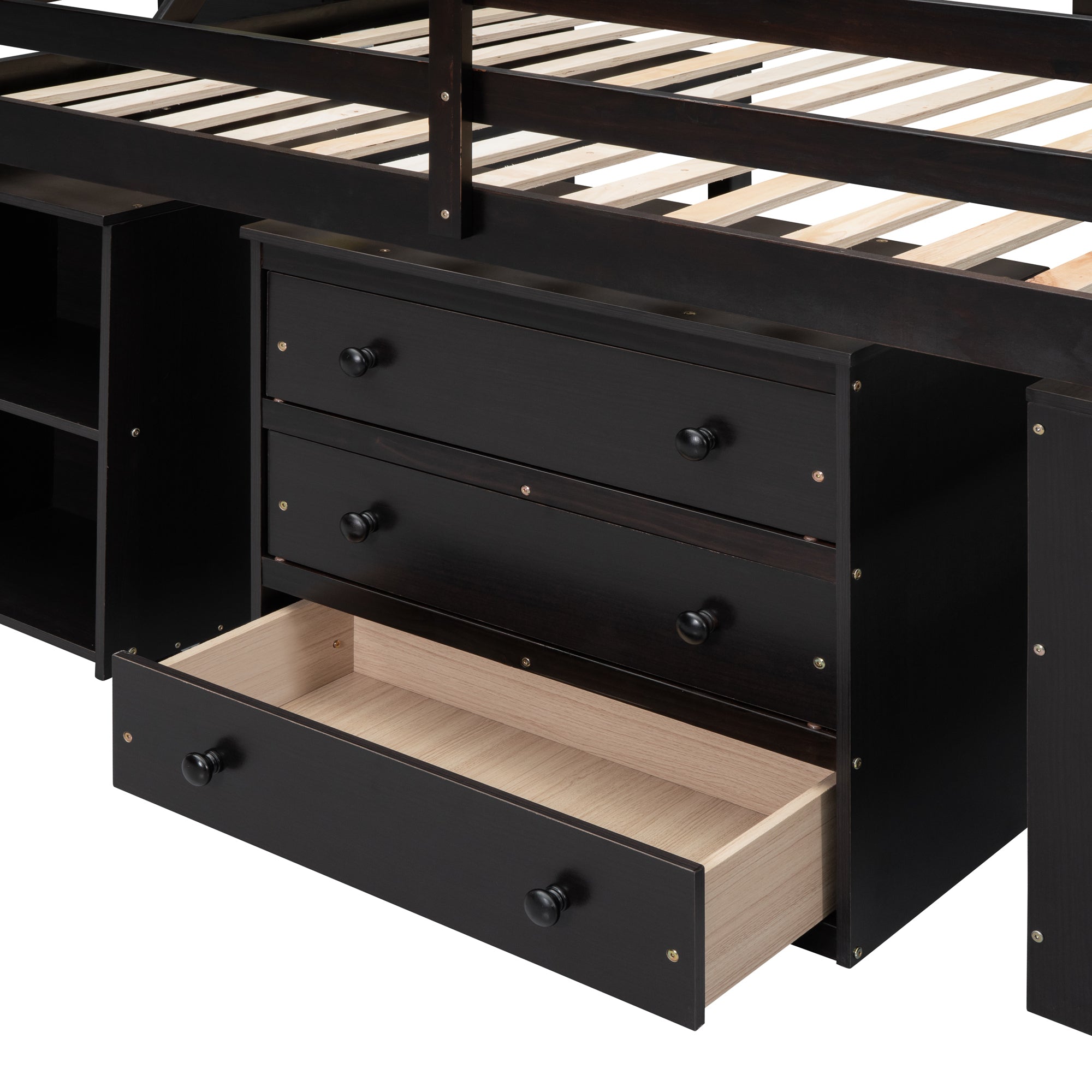 Full Size Loft Bed with Retractable Writing Desk and 3 Drawers, Wooden Loft Bed with Storage Stairs and Shelves, Espresso - Atlantic Fine Furniture Melbourne FL