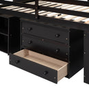 Full Size Loft Bed with Retractable Writing Desk and 3 Drawers, Wooden Loft Bed with Storage Stairs and Shelves, Espresso
