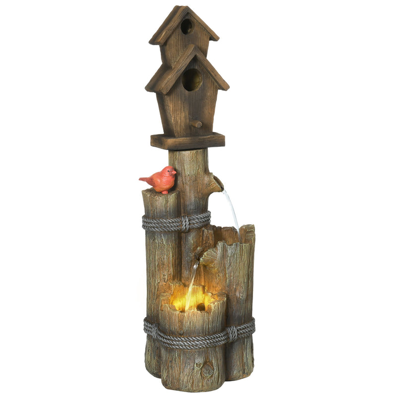 Outsunny - Outdoor Fountain With Birdhouse, Cascading Garden Waterfall Bird Bath With 3 Tier Rustic Tree Trunk / Log Design, LED Lights For Porch, Deck, Yard Decor - Brown