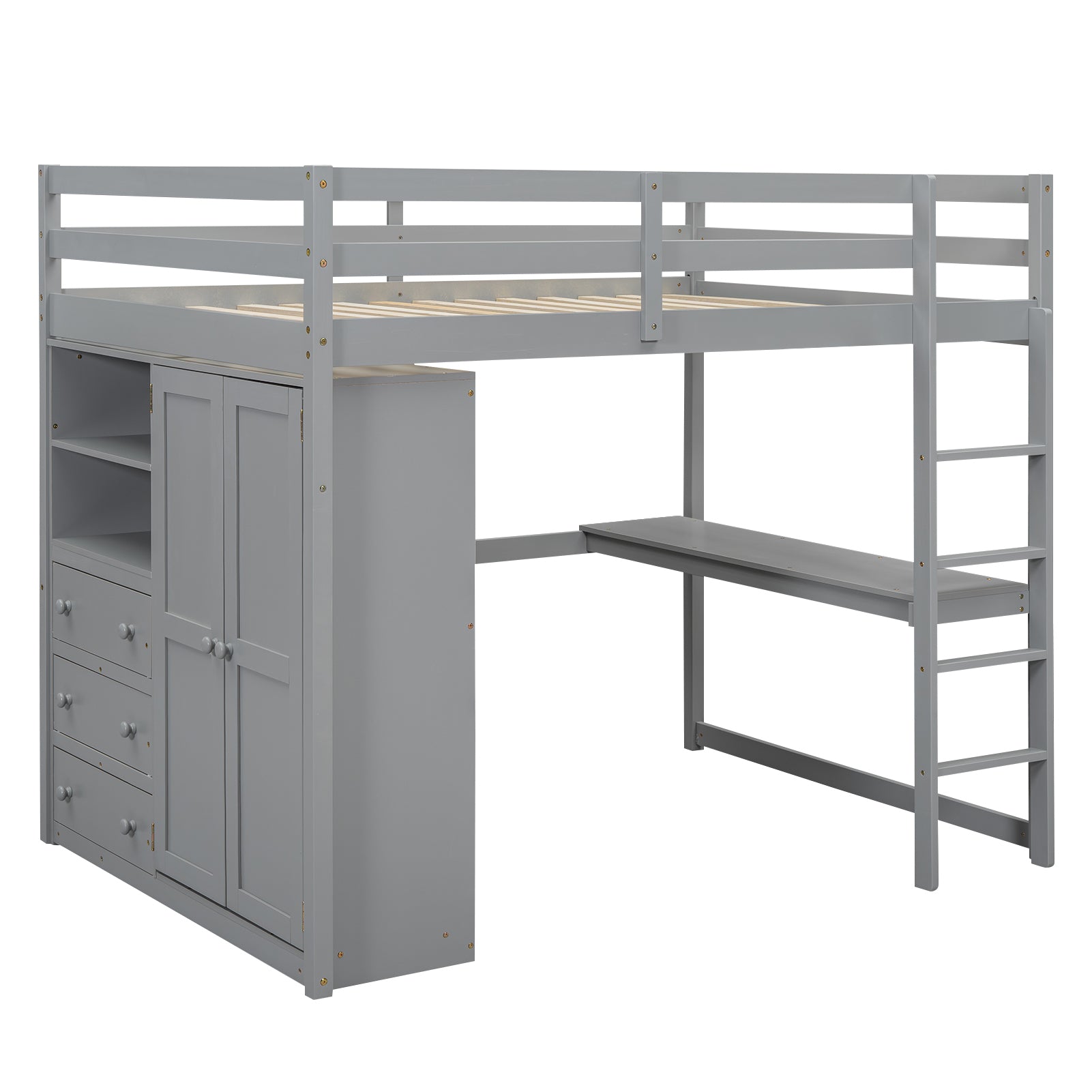 Wood Full Size Loft Bed with Built-in Wardrobe, Desk, Storage Shelves and Drawers, Gray - Atlantic Fine Furniture Melbourne FL