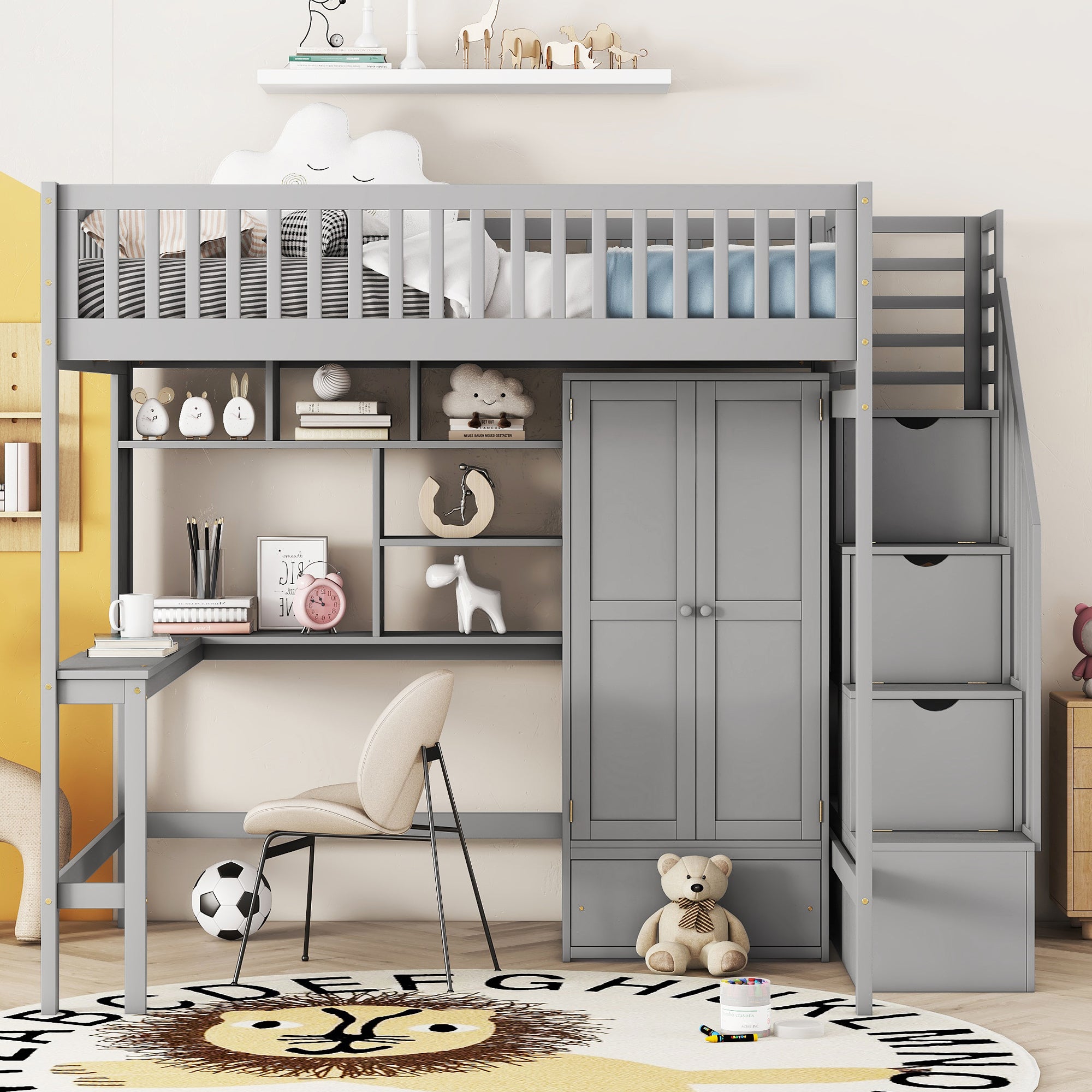 Full size Loft Bed with Bookshelf,Drawers,Desk,and Wardrobe-Gray - Atlantic Fine Furniture Melbourne FL