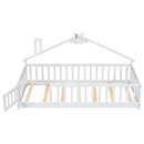 Twin House-Shaped Bedside Floor Bed with Guardrails, Slats, with Door,White