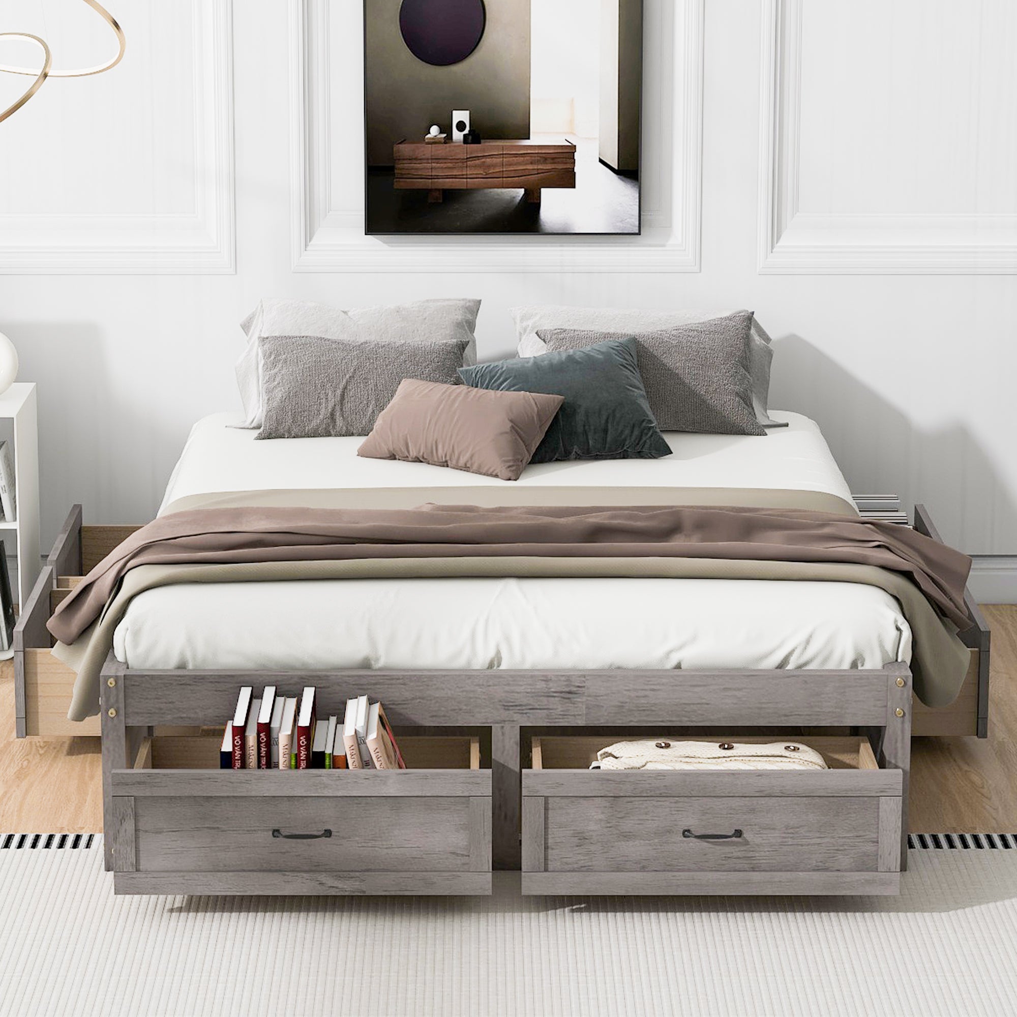 Queen Size Platform Bed with 6 Storage Drawers,Antique Gray - Atlantic Fine Furniture Melbourne FL