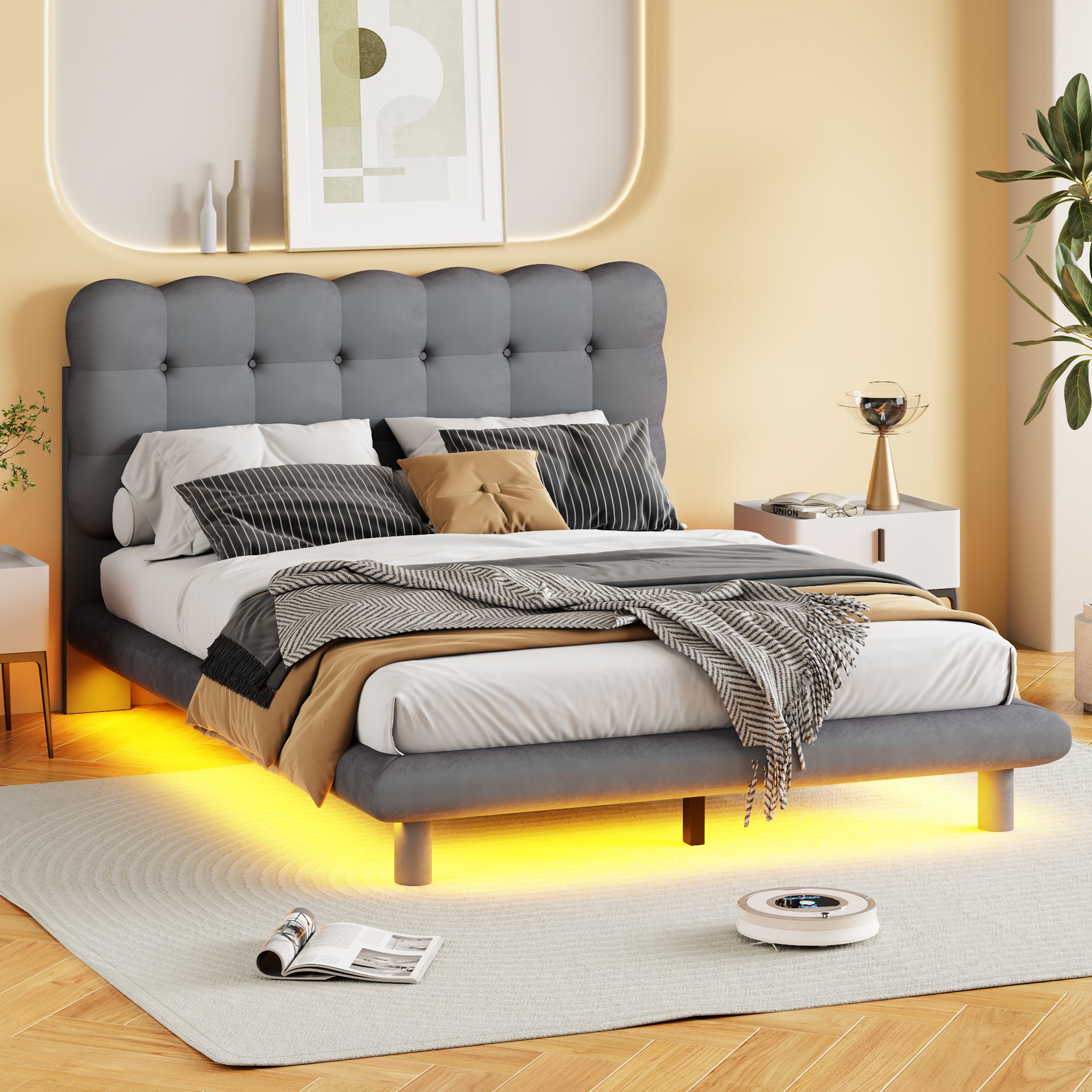 Full Size Velvet Platform Bed with LED Frame, Thick & Soft Fabric and Button-tufted Design Headboard, Gray - Atlantic Fine Furniture Melbourne FL