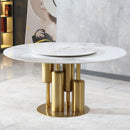 53" Round Marble Dining Table With Lazy Susan, Dining Room, Dinette (Table Only) - Gold / Gold / White