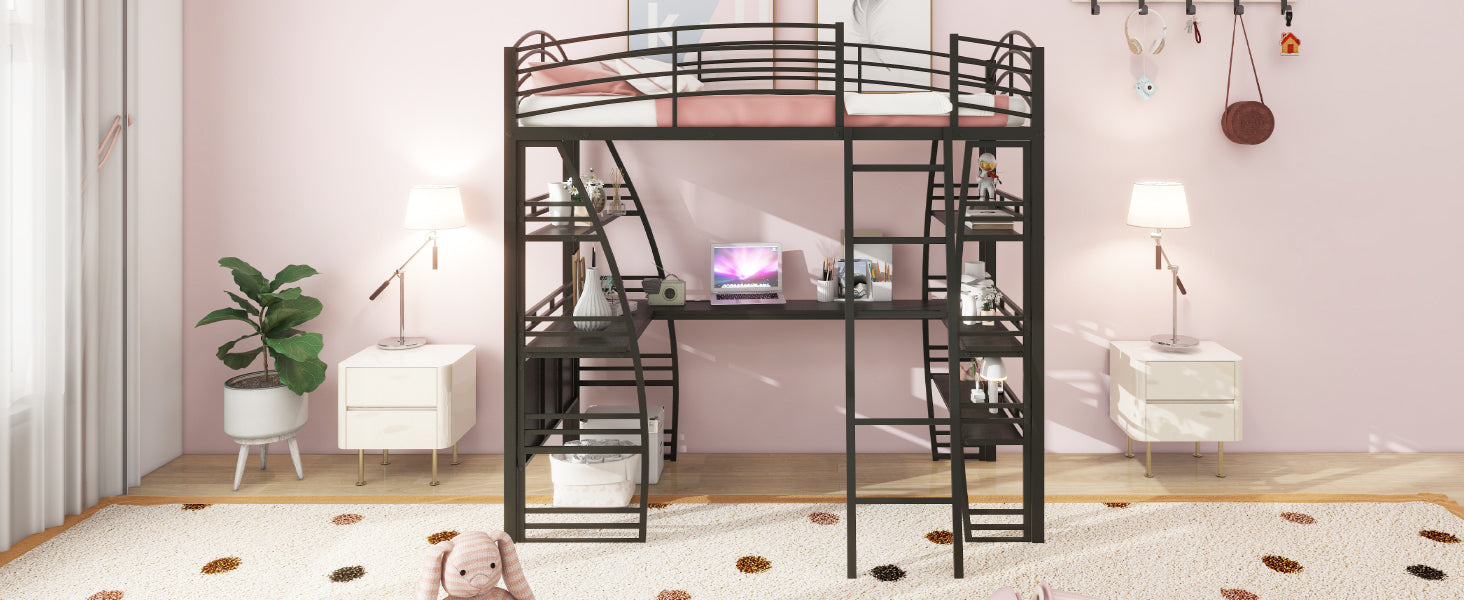 Twin Size Loft Bed with 4 Layers of Shelves and L-shaped Desk, Stylish Metal Frame Bed with a set of Sockets, USB Ports and Wireless Charging, Black - Atlantic Fine Furniture Melbourne FL