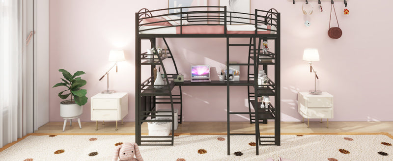 Twin Size Loft Bed with 4 Layers of Shelves and L-shaped Desk, Stylish Metal Frame Bed with a set of Sockets, USB Ports and Wireless Charging, Black