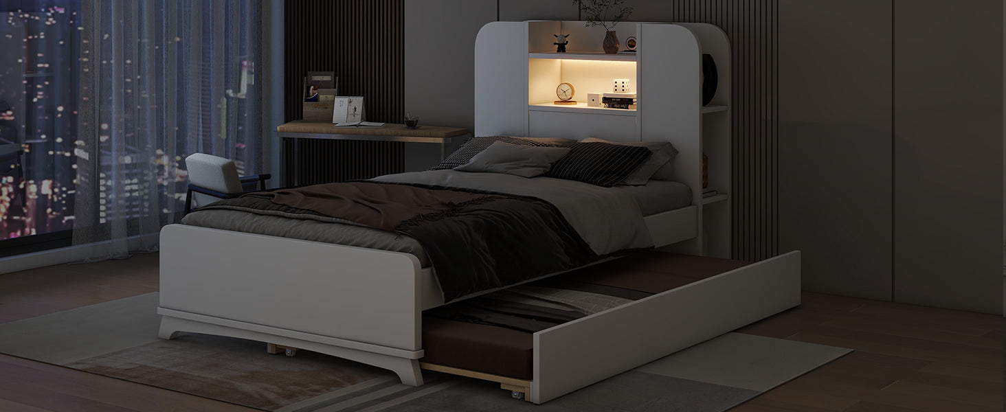 Twin Size Storage Platform Bed Frame with with Trundle and Light Strip Design in Headboard,White - Atlantic Fine Furniture Melbourne FL