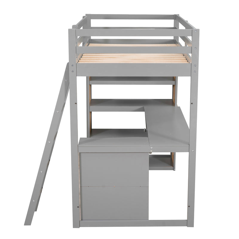 Twin Size Loft Bed with Ladder, Shelves, and Desk, Gray(LT000225AAE)