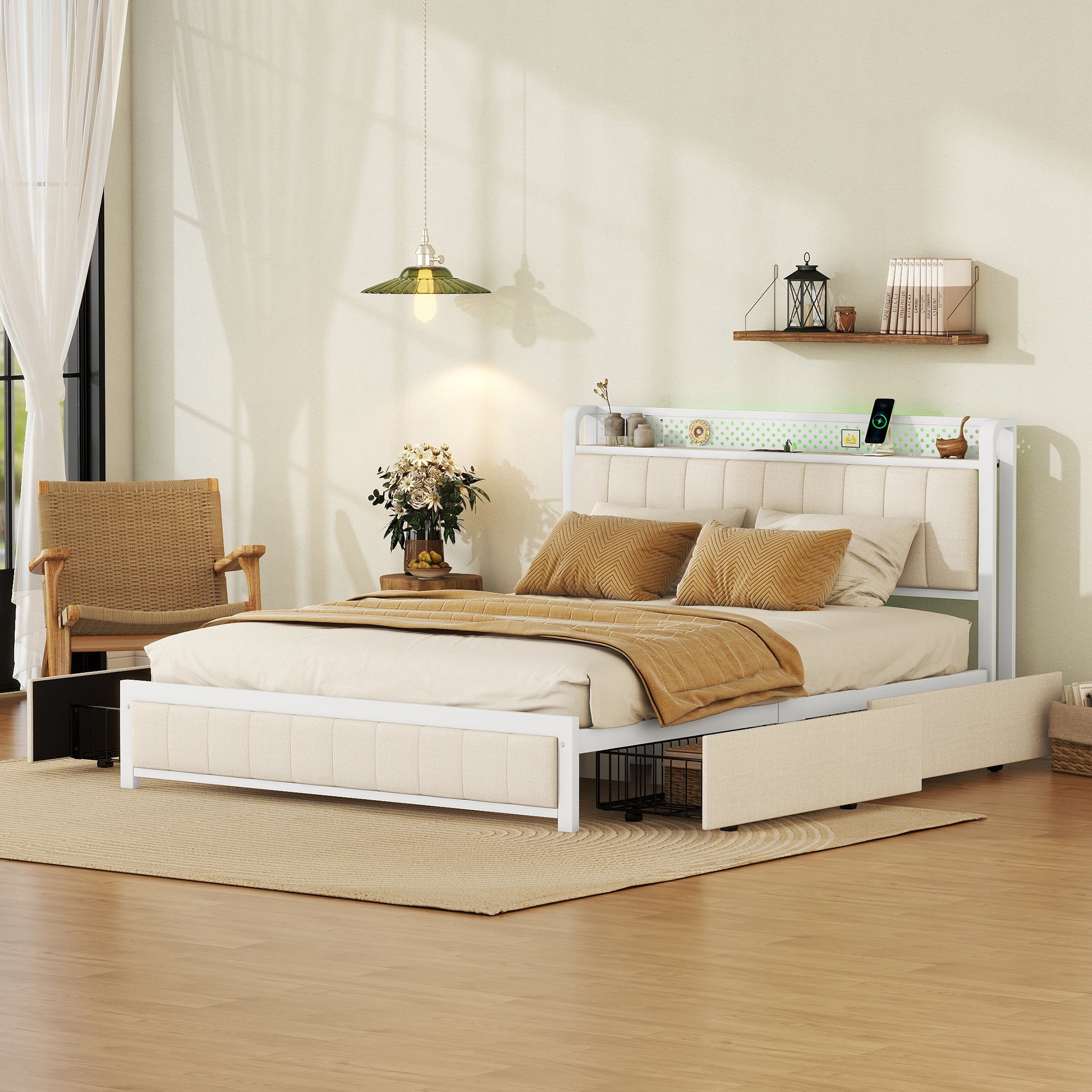 Queen Bed Frame with LED Headboard, Upholstered Bed with 4 Storage Drawers and USB Ports, Beige - Atlantic Fine Furniture Melbourne FL