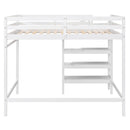 Full Size Loft Bed with Built-in Storage Staircase and Hanger for Clothes, White