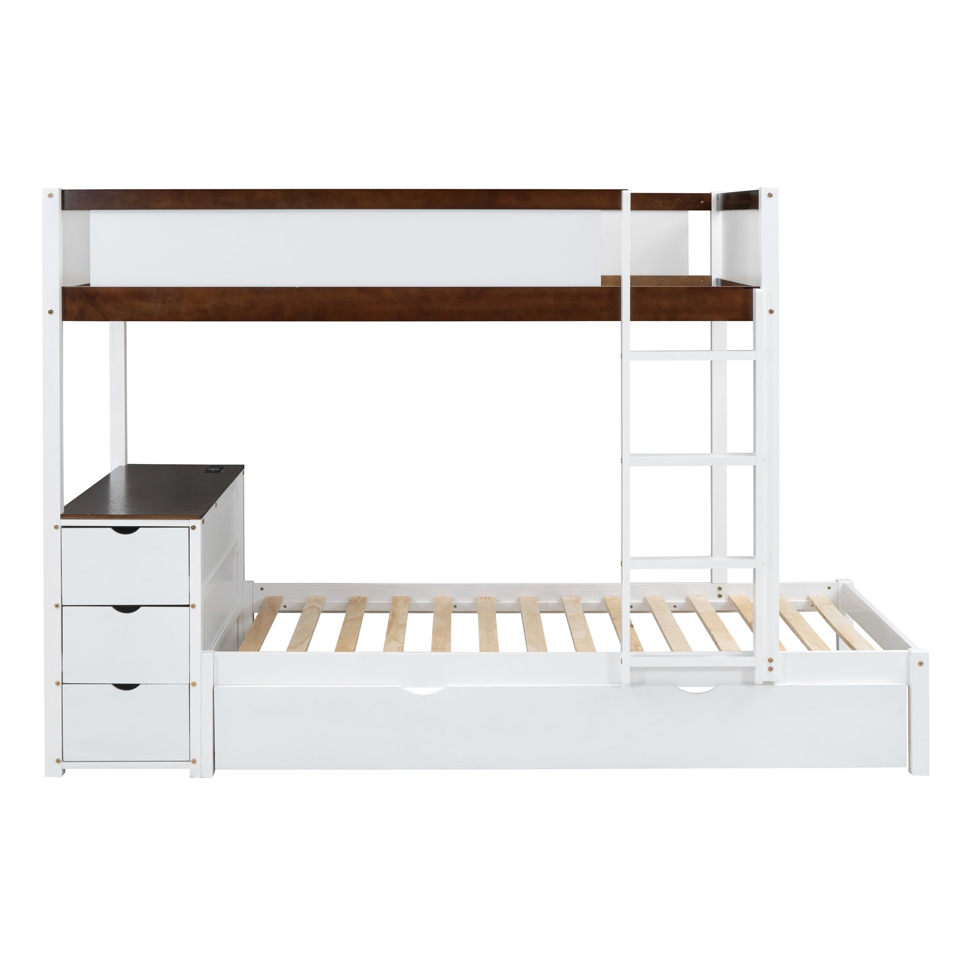 Twin-Over-Twin Bunk Bed with Twin size Trundle, Storage and Desk, White+Walnut - Atlantic Fine Furniture Melbourne FL