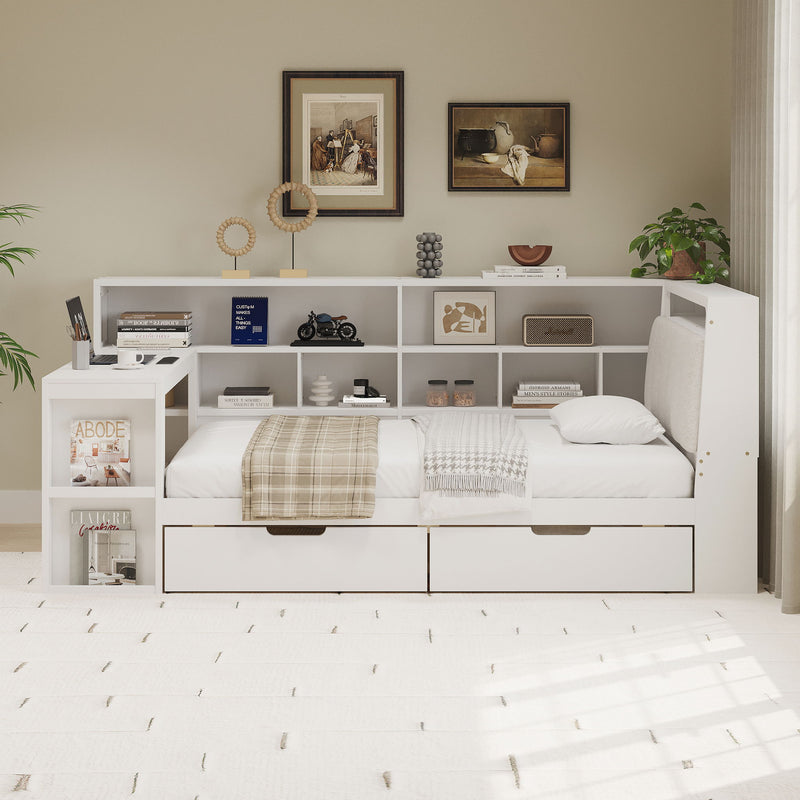 L Shaped Daybed With Desk, Bookcase, Upholstered Headboard, Drawers, And LED Light