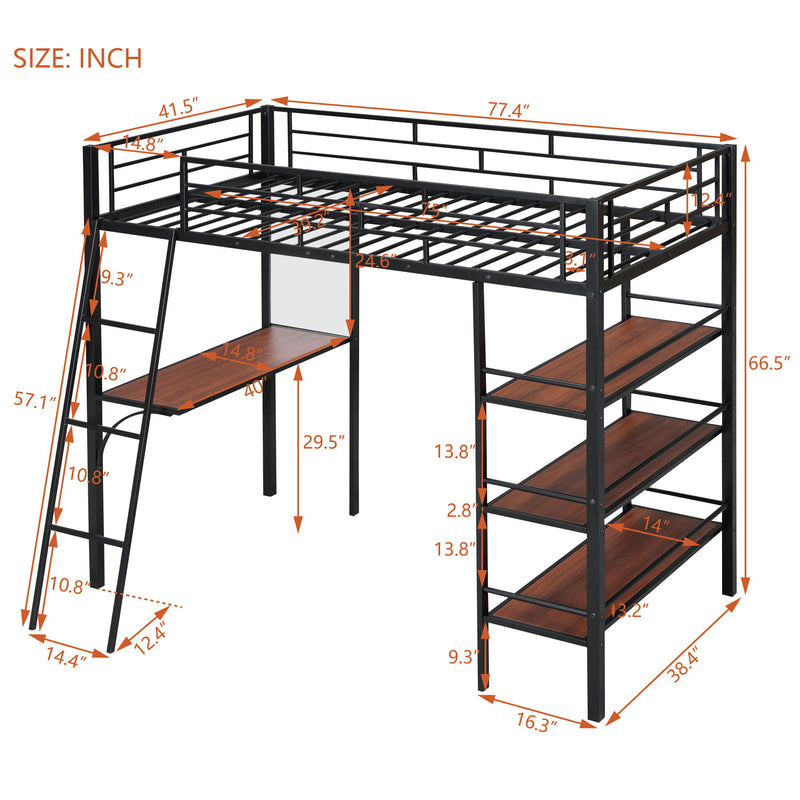 Loft Metal Bed With 3 Layers Of Shelves And Desk, Stylish Metal Frame Bed With Whiteboard