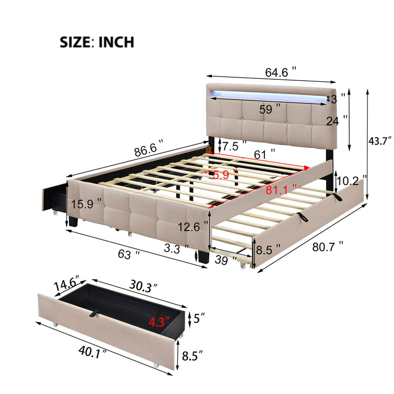 Upholstered Platform Bed With LED Frame, With Trundle And 2 Drawers