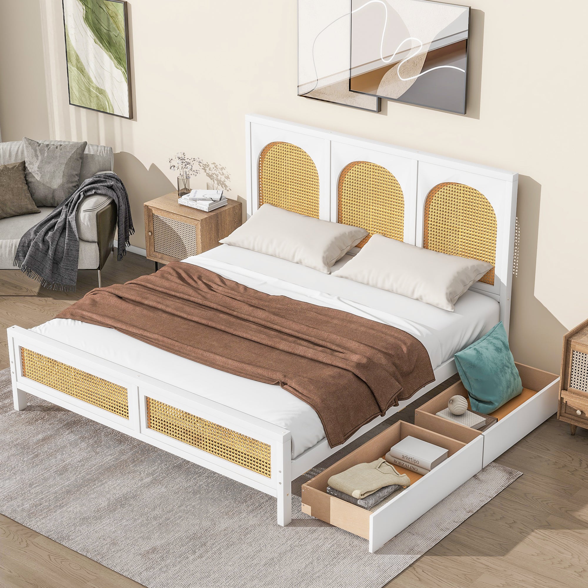 Queen Size Wood Storage Platform Bed with 2 Drawers, Rattan Headboard and Footboard, White - Atlantic Fine Furniture Melbourne FL