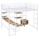 Full Size Loft Bed With Desk And Stool, With Open Style Wardrobe, Shelves And Cabinet - White