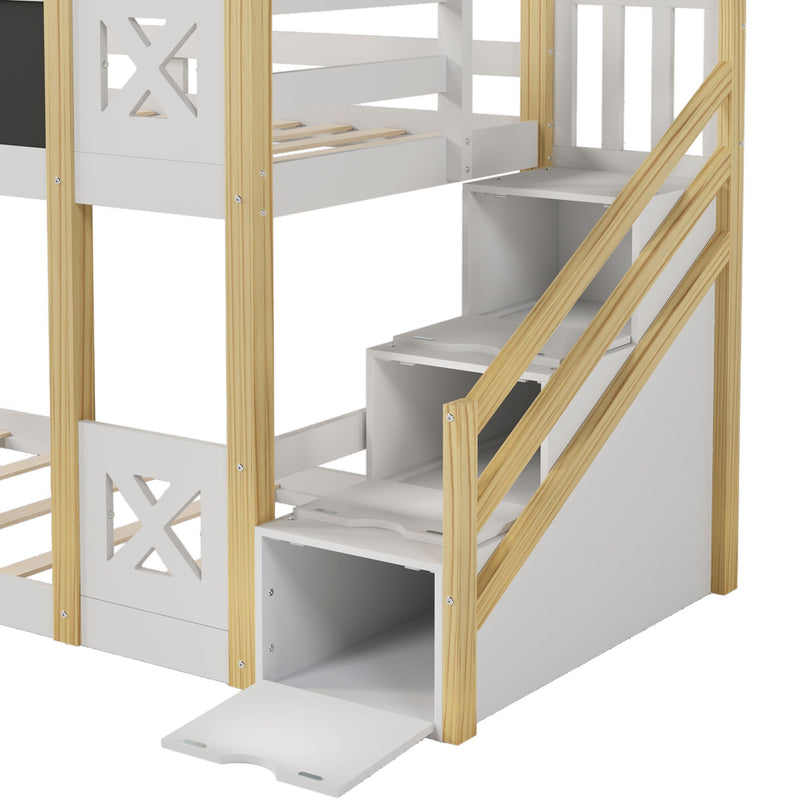 Twin Over Twin House Bunk Bed With White Storage Staircase And Blackboards - White