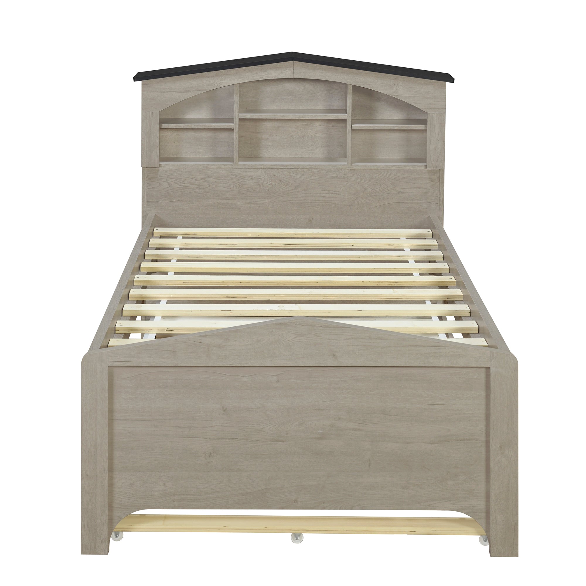 Twin Size Wood Platform Bed with House-shaped Storage Headboard and Trundle, Gray - Atlantic Fine Furniture Melbourne FL
