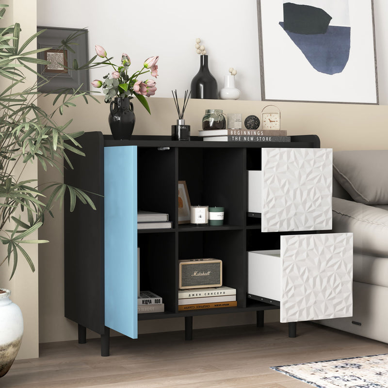 Modern Sideboard Buffet Cabinet With Red Doors And Unique Panel Styling