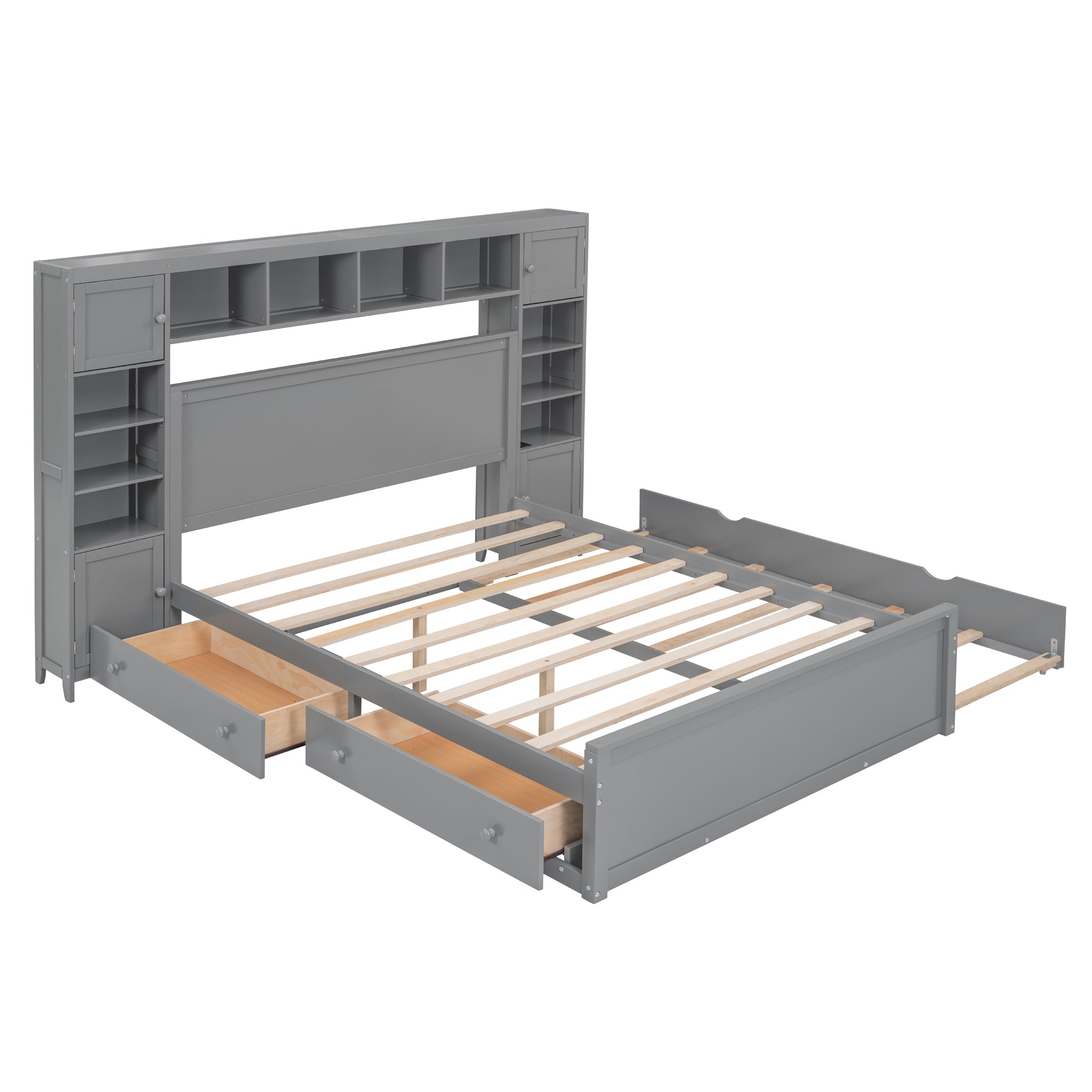 Queen Size Wooden Bed With All-in-One Cabinet, Shelf and Sockets, Gray - Atlantic Fine Furniture Melbourne FL