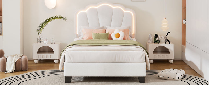 Upholstered Elegant Flowers Headboard With LED Light Strip, Platform Bed With Slats Support