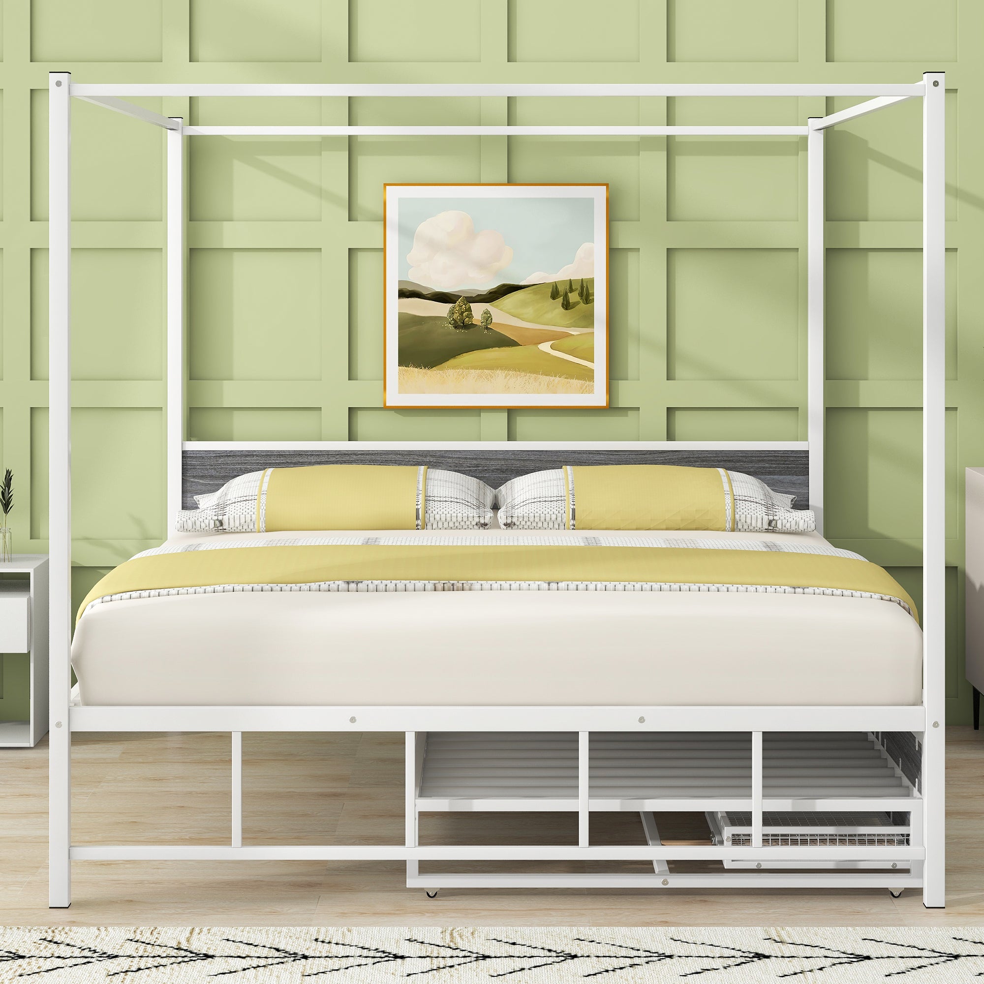Queen Size Metal Canopy Platform Bed with Twin Size Trundle and 3 Storage Drawers, White - Atlantic Fine Furniture Melbourne FL