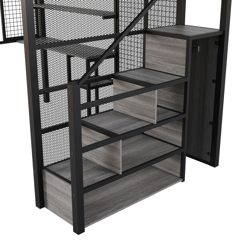 Metal Loft Bed With Wardrobe, Desk, Storage Shelves