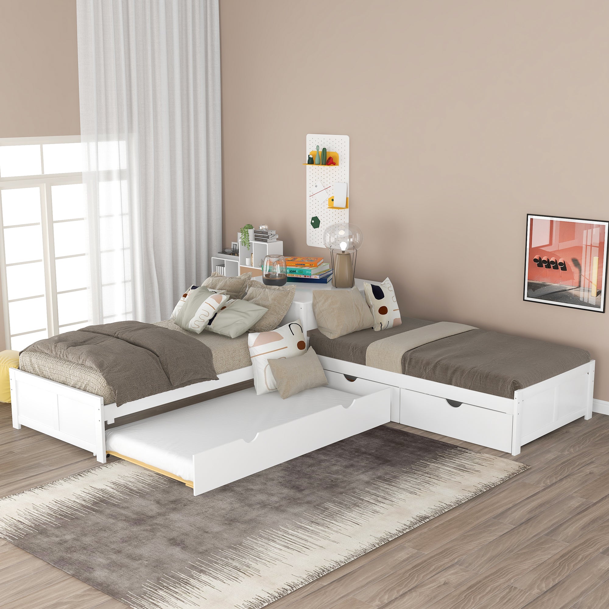 L-shaped Platform Bed with Trundle and Drawers Linked with built-in Desk,Twin,White - Atlantic Fine Furniture Melbourne FL