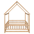 Full Size Floor Wooden Bed with House Roof Frame, Fence Guardrails ,Natural