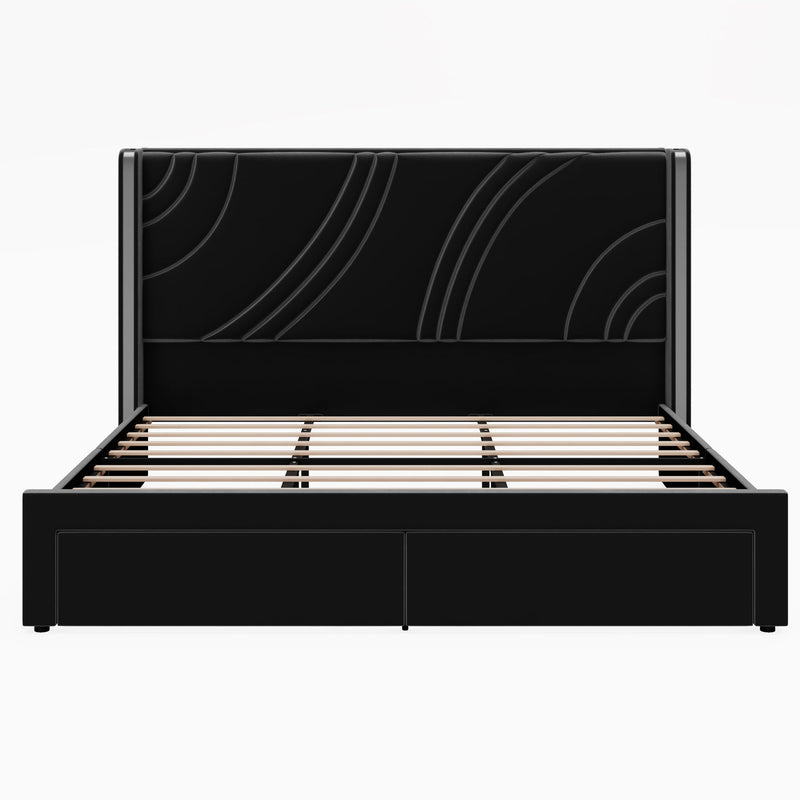 Modern Upholstered LED Bed Frame With Storage Drawers, Wingback Headboard, RGB Light
