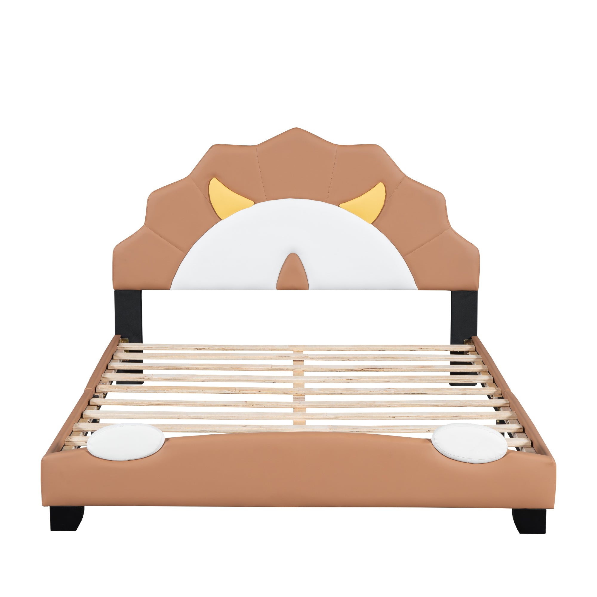 Full Size Upholstered Leather Platform Bed with Lion-Shaped Headboard, Brown - Atlantic Fine Furniture Melbourne FL