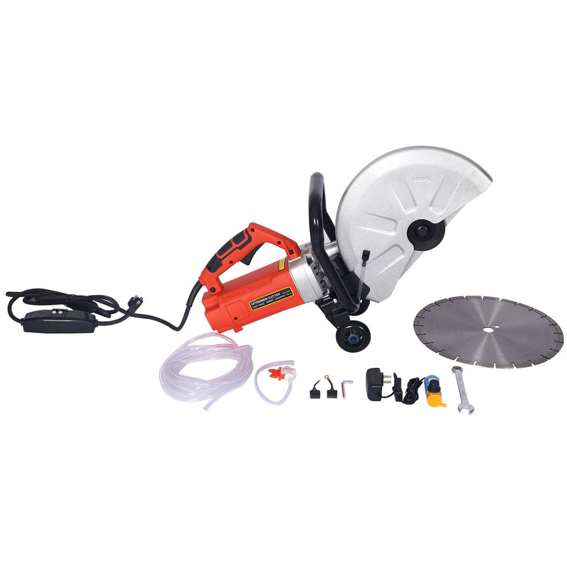 Electric 14" Cut Off Saw Wet / Dry Concrete Saw Cutter With Guide Roller And Water Line Attachment, 3000W - Black / Silver