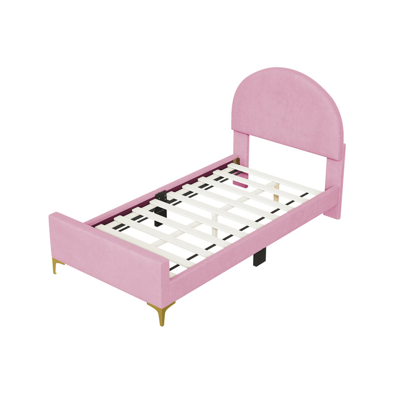 Twin Size Upholstered Platform Bed with Classic Semi-circle Shaped headboard and Mental Legs, Velvet, Pink