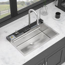 Kitchen Waterfall Sink Single Bowl With LED Faucet, Ledge Workstation, And Multi Function Pull Out Spray - Brushed Nickel