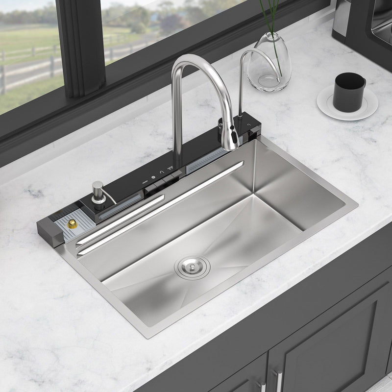 Kitchen Waterfall Sink Single Bowl With LED Faucet, Ledge Workstation, And Multi Function Pull Out Spray - Brushed Nickel