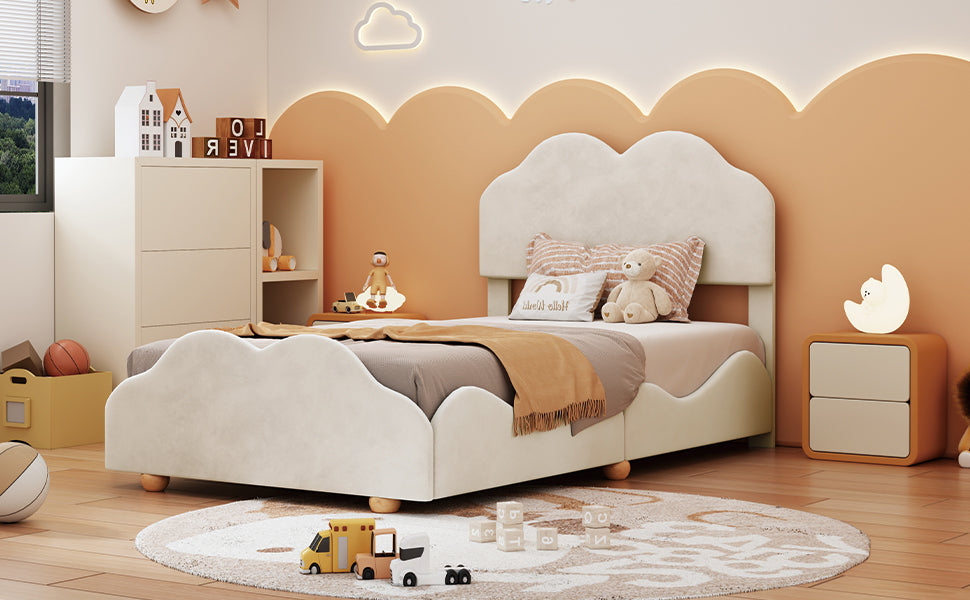 Twin Size Upholstered Platform Bed with Cloud Shaped bed board, Beige - Atlantic Fine Furniture Melbourne FL