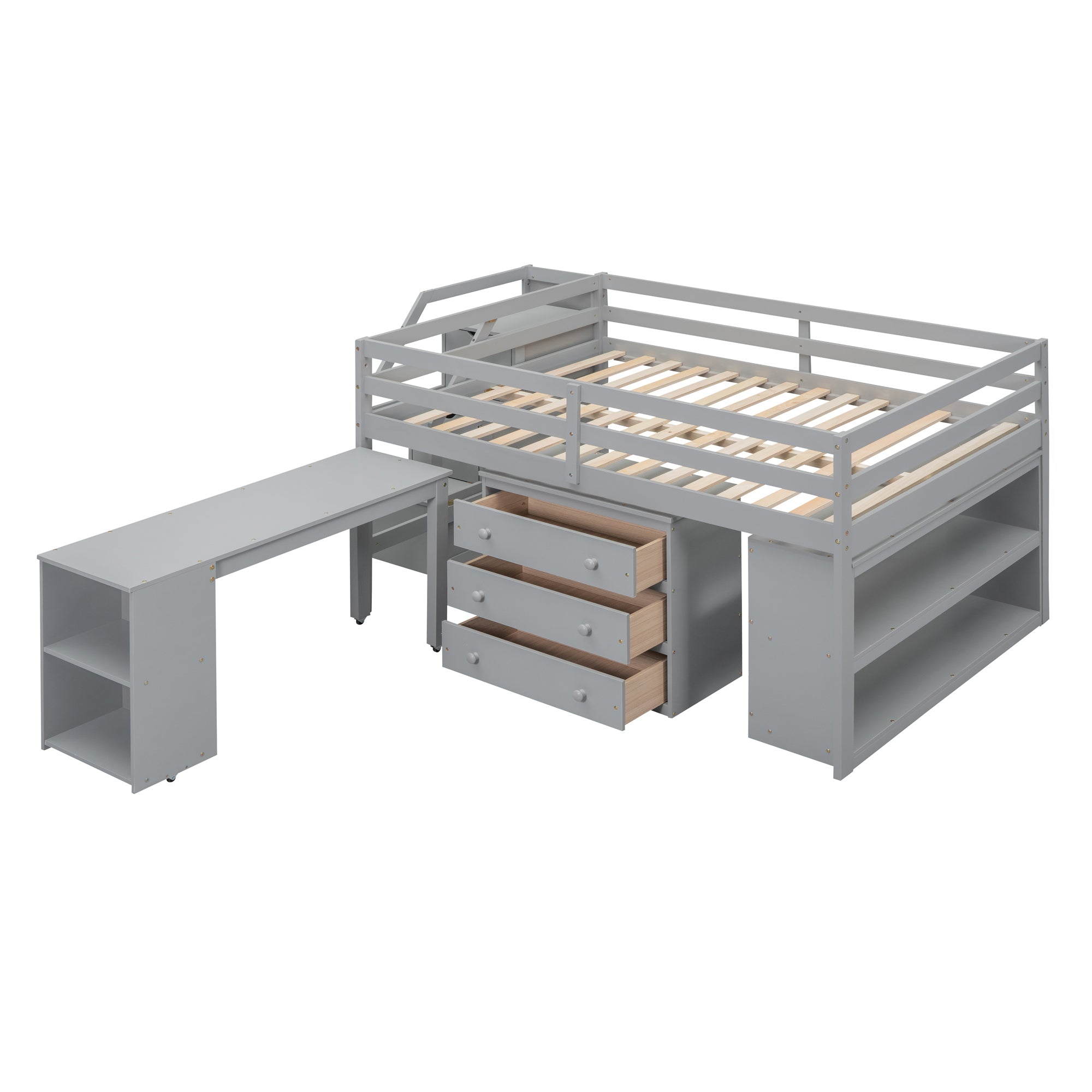 Full Size Loft Bed with Retractable Writing Desk and 3 Drawers, Wooden Loft Bed with Storage Stairs and Shelves, Gray - Atlantic Fine Furniture Melbourne FL